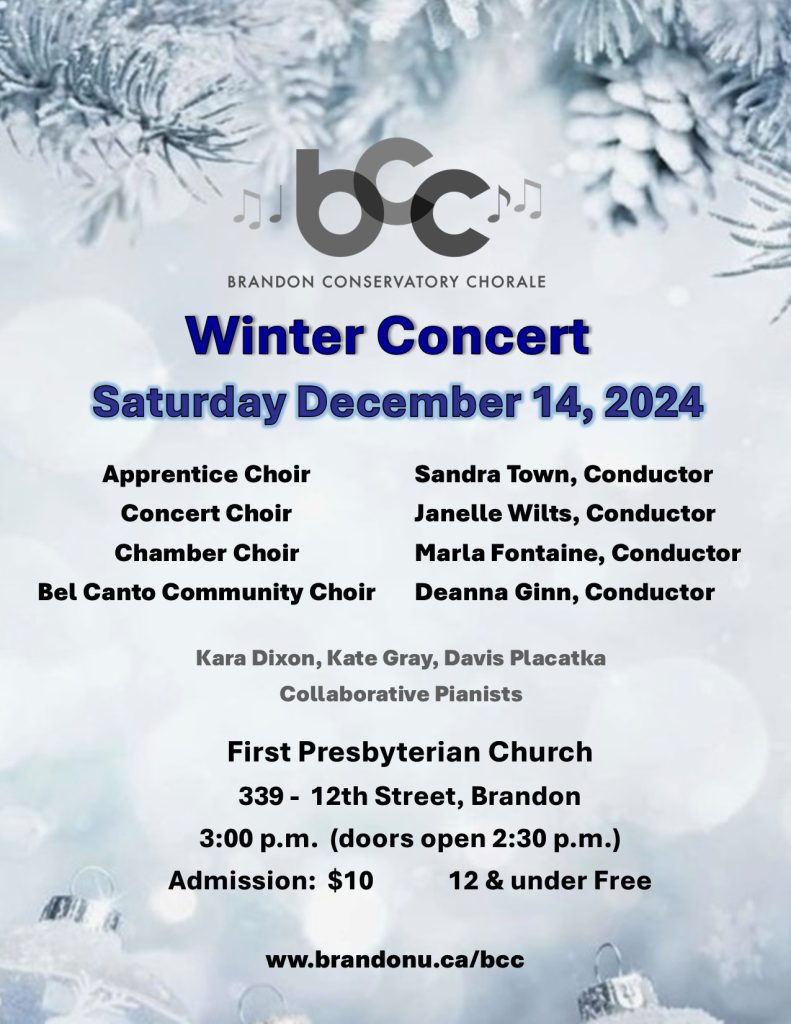 Announcement for the BCC Winter Concert at 3:00 PM on December 14th at First Presbyterian Church, Brandon