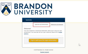 Image of Brandon University's awards portal login page showing "Applicants and Administrators" tab at the top highlighted with a red box.