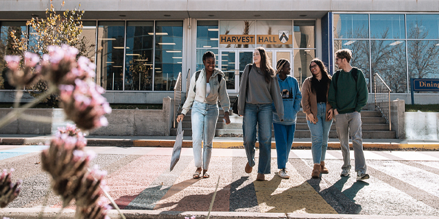 Students walking over rainbow crosswalk